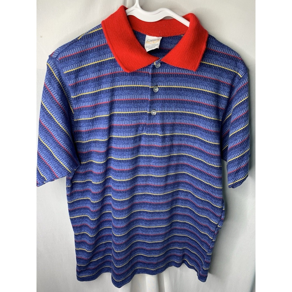 Mens M Vintage 70s ORO Golden Threads Blue Striped USA Polo shirt Red Collar‎